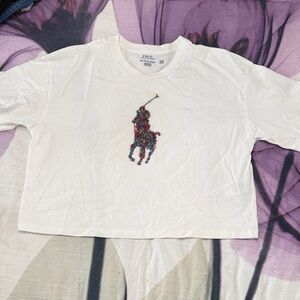 Polo by Ralph Lauren  White Tee with beaded Colorful Logo.